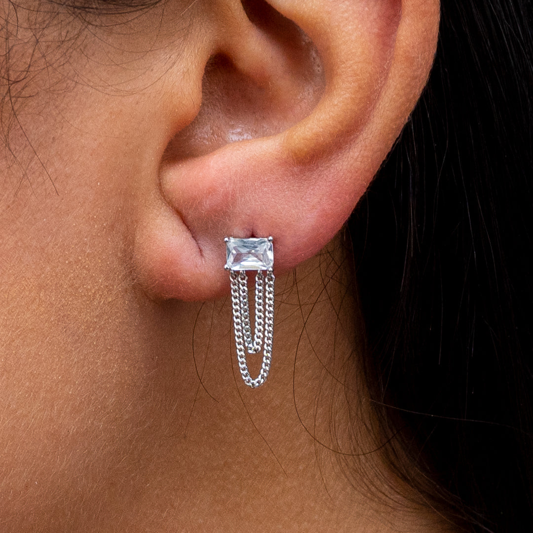 RADIANT CUT DOUBLE LAYERED STUD SILVER EARRING