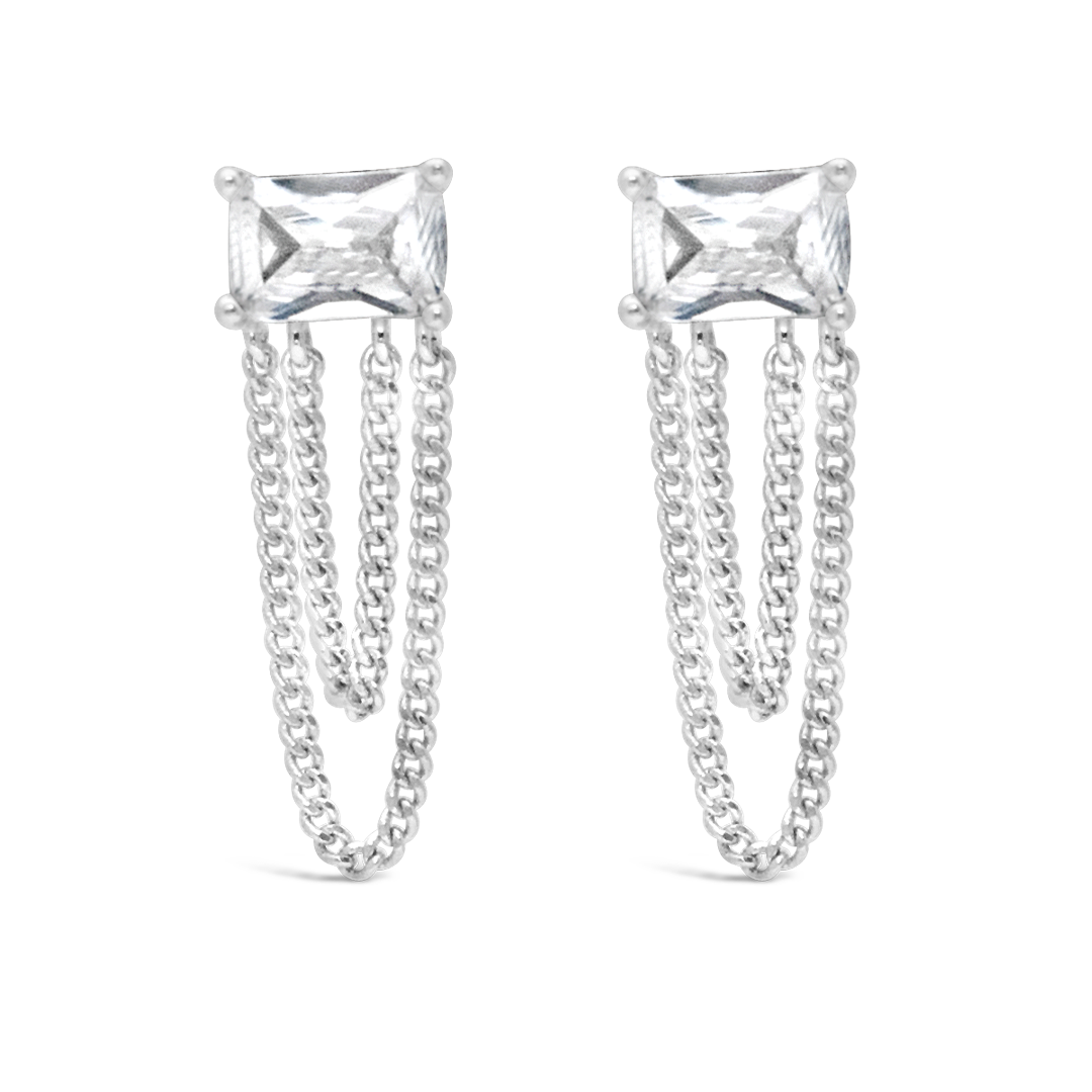 RADIANT CUT DOUBLE LAYERED STUD SILVER EARRING