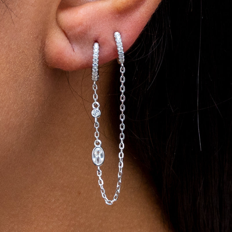 OVAL STONED DOUBLE HOOP SILVER EARRING