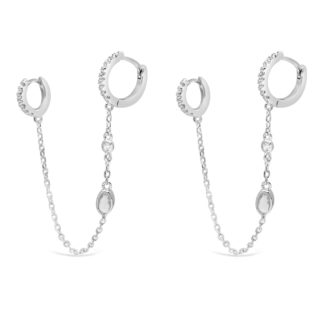 OVAL STONED DOUBLE HOOP SILVER EARRING