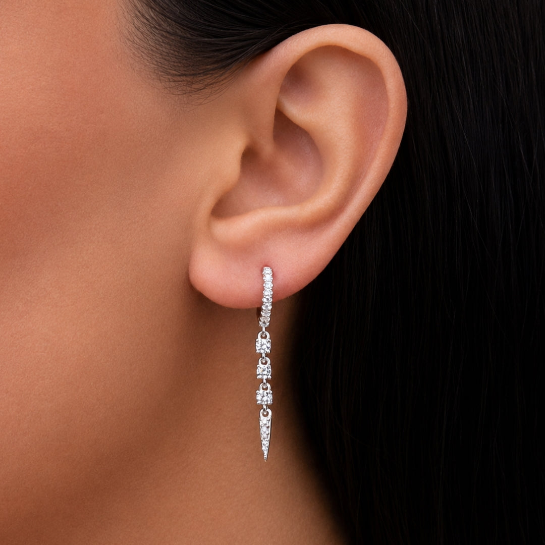 DROPPING ROUND STONED HOOP SILVER EARRING