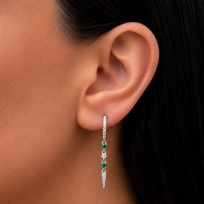 DROPPING ROUND STONED HOOP SILVER EARRING