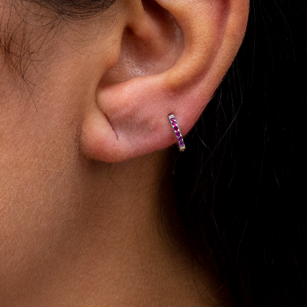 COLORED ROUND STONES HOOP SILVER EARRING