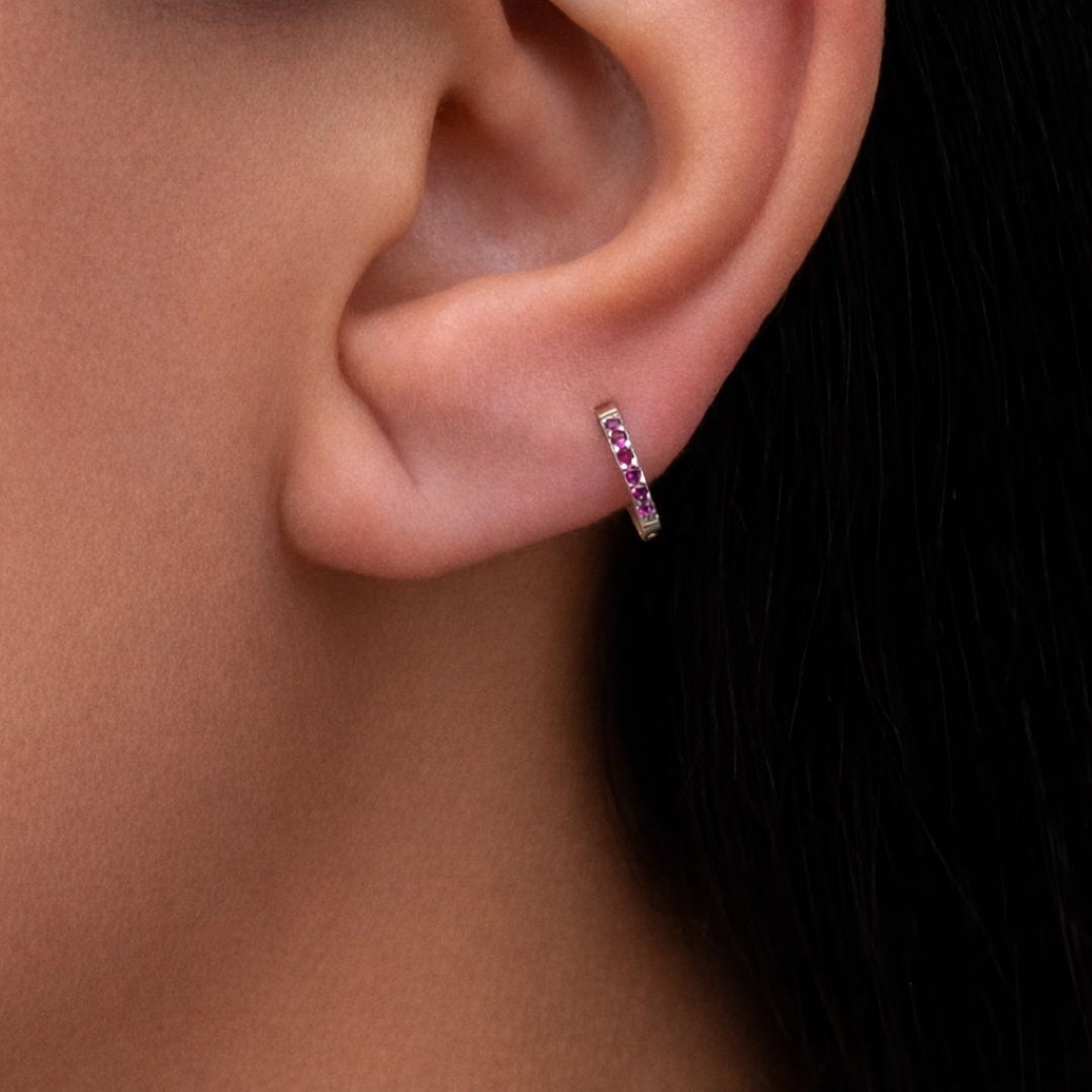 COLORED ROUND STONES HOOP SILVER EARRING