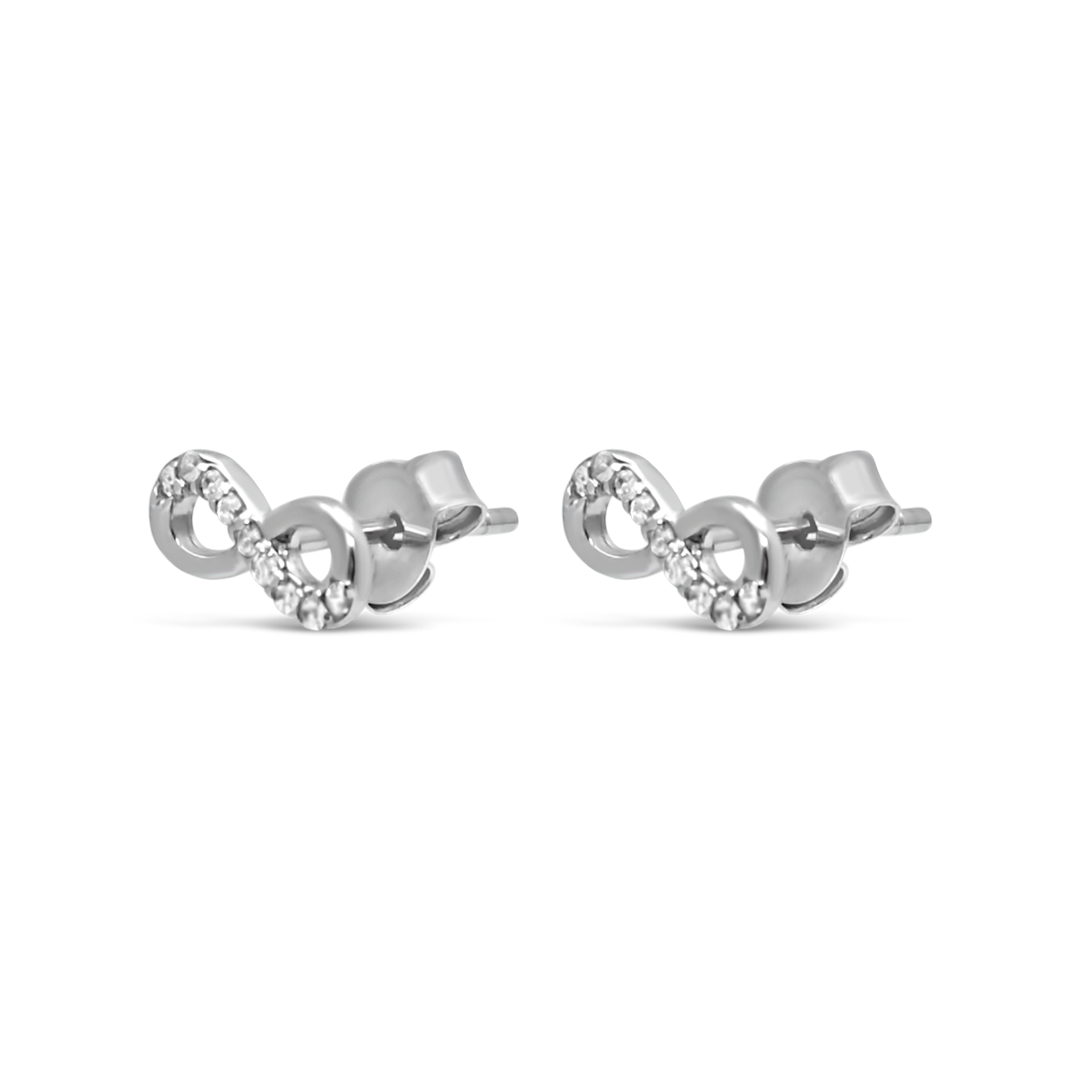 INFINITY SHAPED ROUND STONED STUD SILVER EARRING