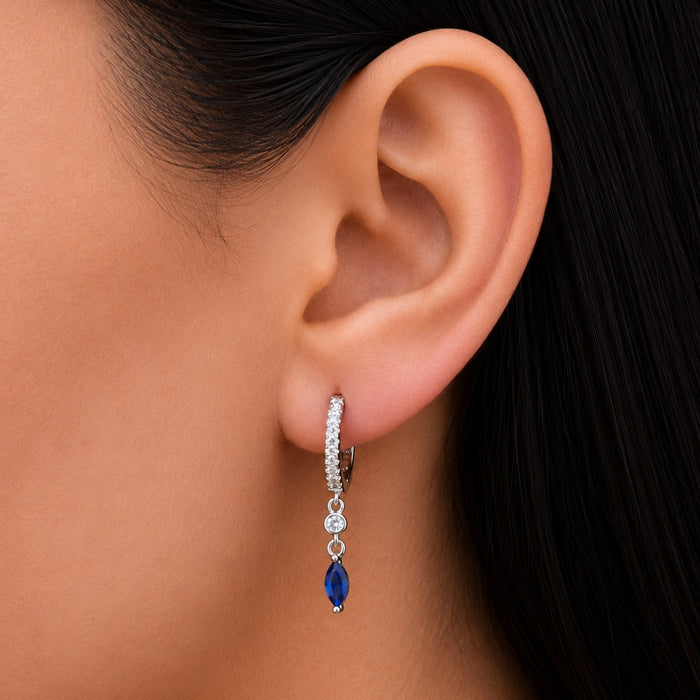 MARQUISE &ROUND STONES HOOP SILVER EARRING