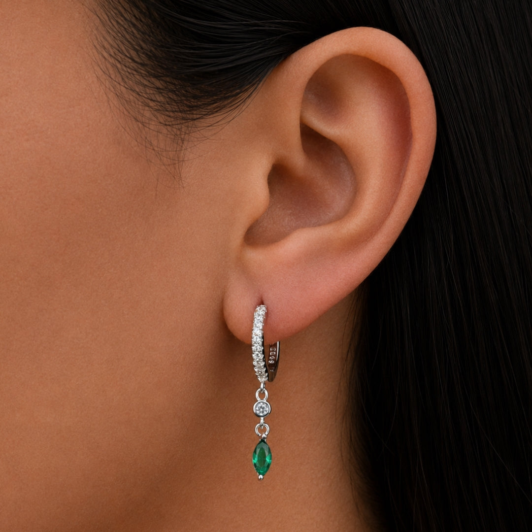 MARQUISE &ROUND STONES HOOP SILVER EARRING