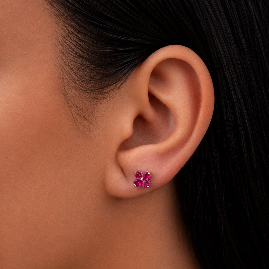 FLOWER SHAPED HEART STONED STUD SILVER EARRING