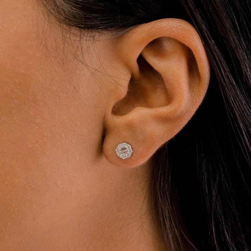 TINY CIRCLE ROUND STONED SILVER EARRING