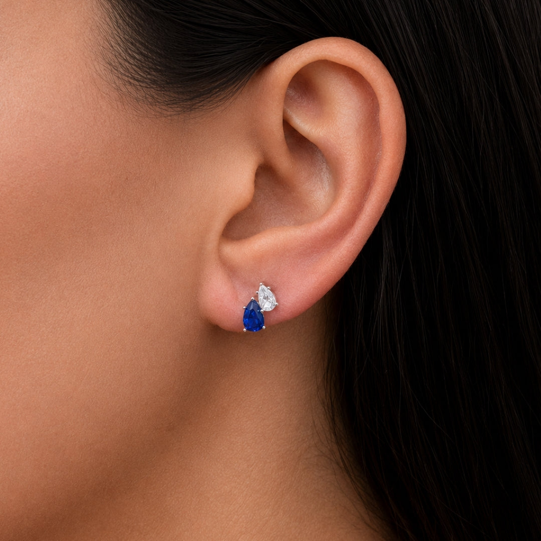 DOUBLE PEAR STONED STUD SILVER EARRING