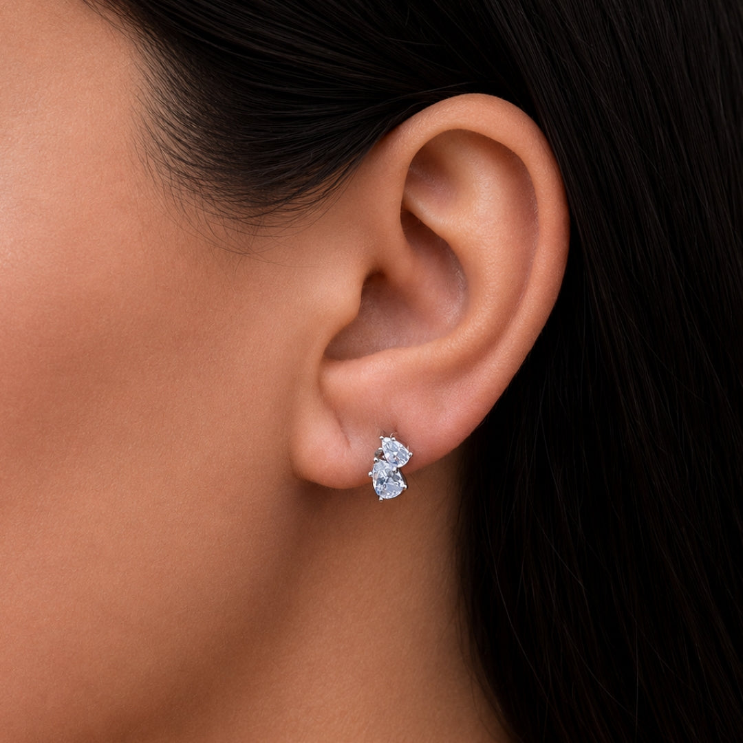 DOUBLE PEAR STONED STUD SILVER EARRING