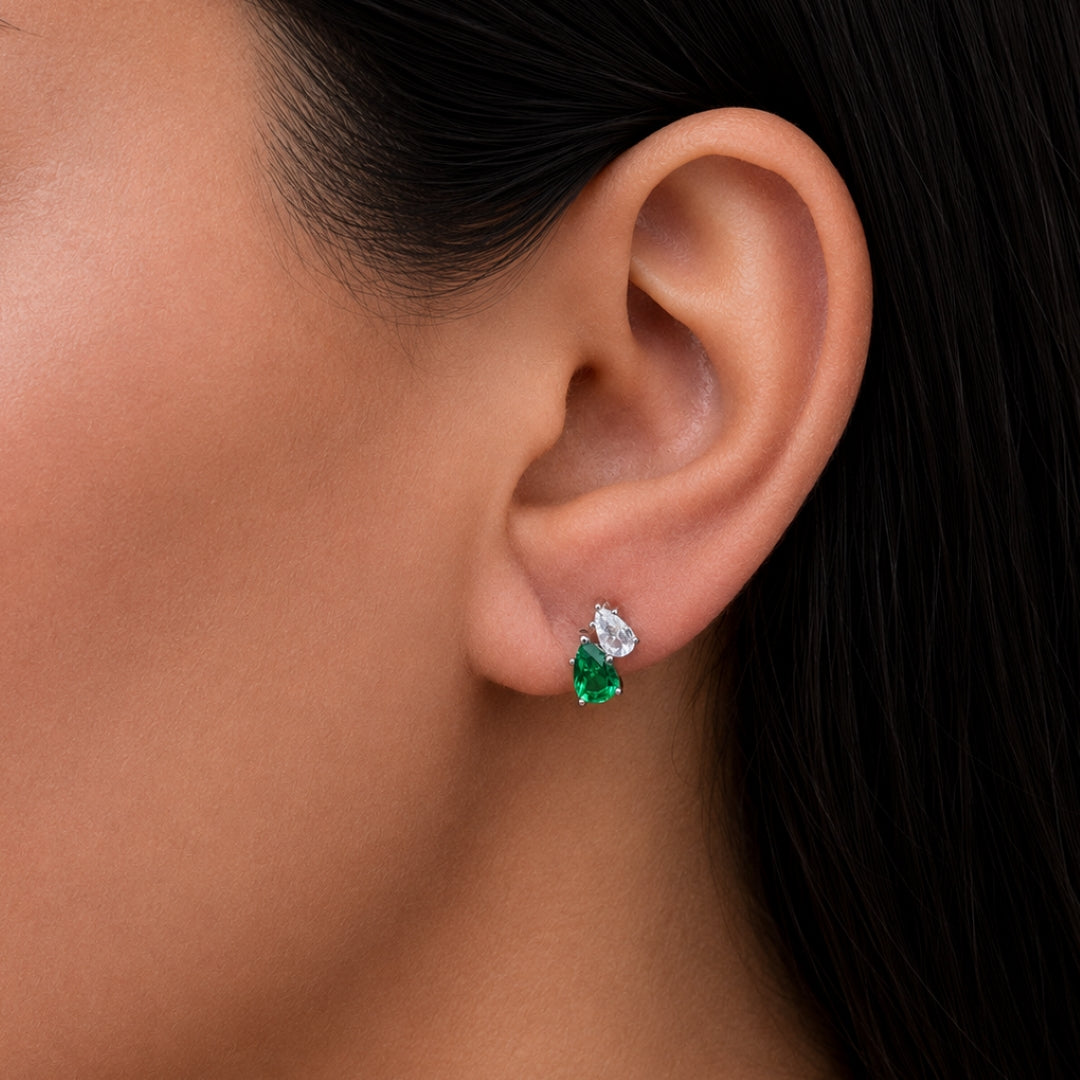 DOUBLE PEAR STONED STUD SILVER EARRING