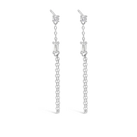 DROPPING CHAINED BAGUETTE STUD SILVER EARRING