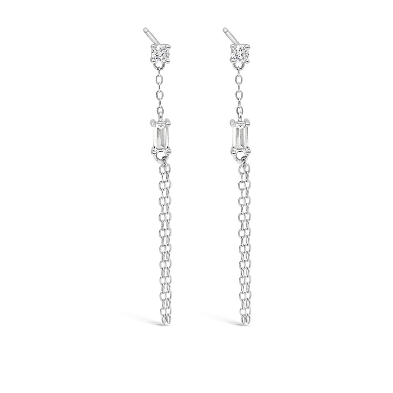 DROPPING CHAINED BAGUETTE STUD SILVER EARRING