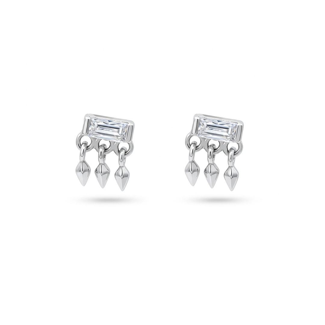 DROPPING TRIPLE EDGE DANGLE STUD SILVER EARRING