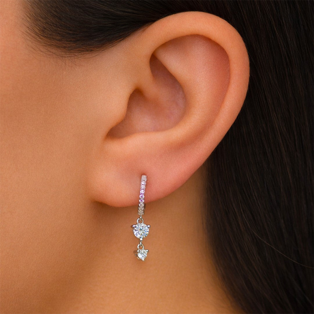 DROPPING DOUBLE STONED HOOP SILVER EARRING