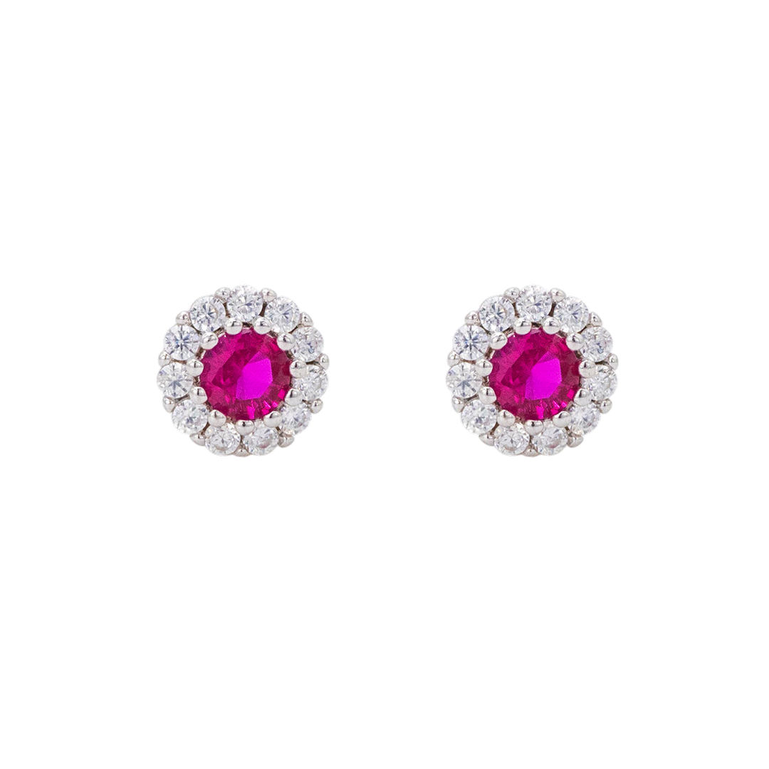 SPARKLING FRAMED ROUND STONED STUD SILVER EARRING