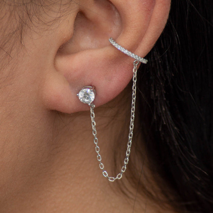 ROUND STONED WITH  LOOP CUFF STUD SILVER EARRING