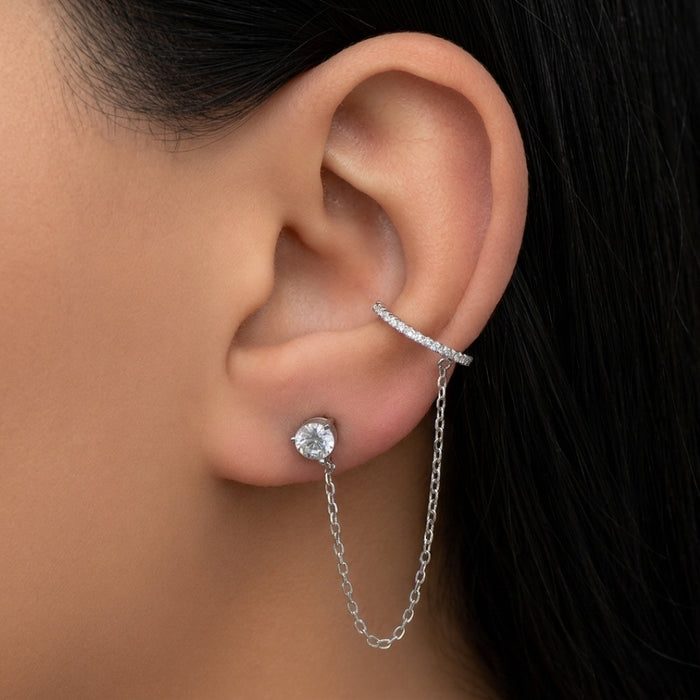 CUFF LOOPED ROUND STONE STUD SILVER EARRING