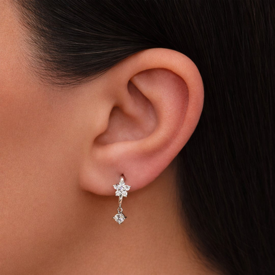 FLOWER DROPPING ROUND STONED HOOP SILVER EARRING