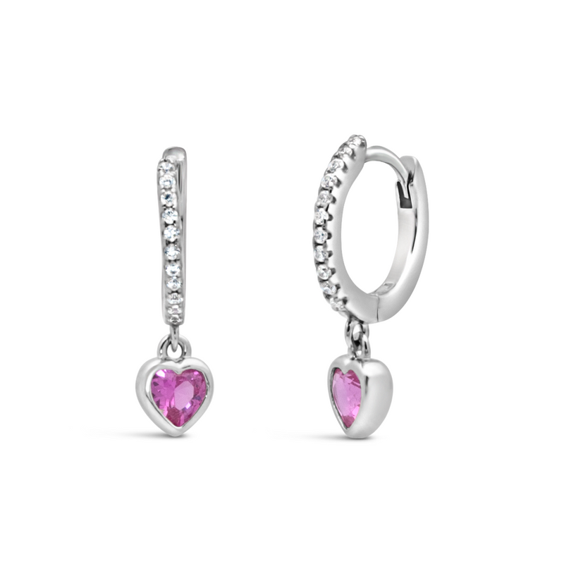 CUTE PINKY HEARTED STONE HOOP SILVER EARRING