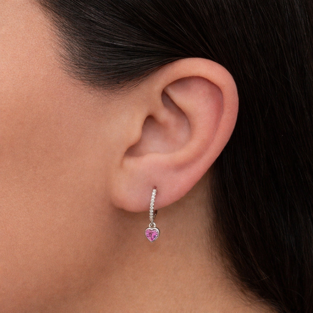 CUTE PINKY HEARTED STONE HOOP SILVER EARRING