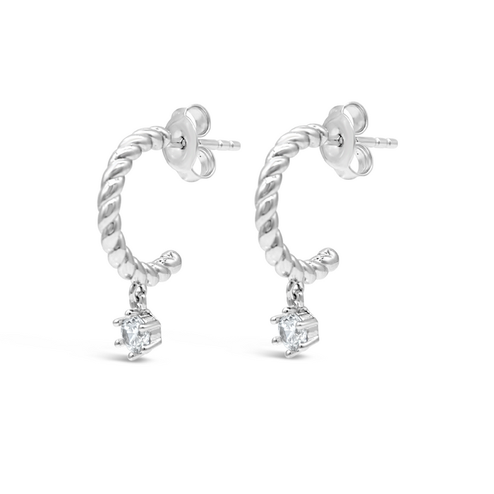 TWISTED DROPPING ROUND STONE STUD SILVER EARRING