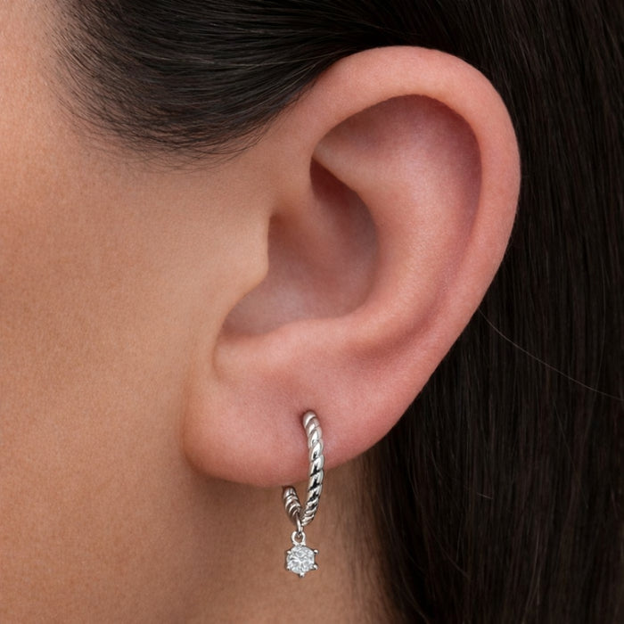 TWISTED DROPPING ROUND STONE STUD SILVER EARRING