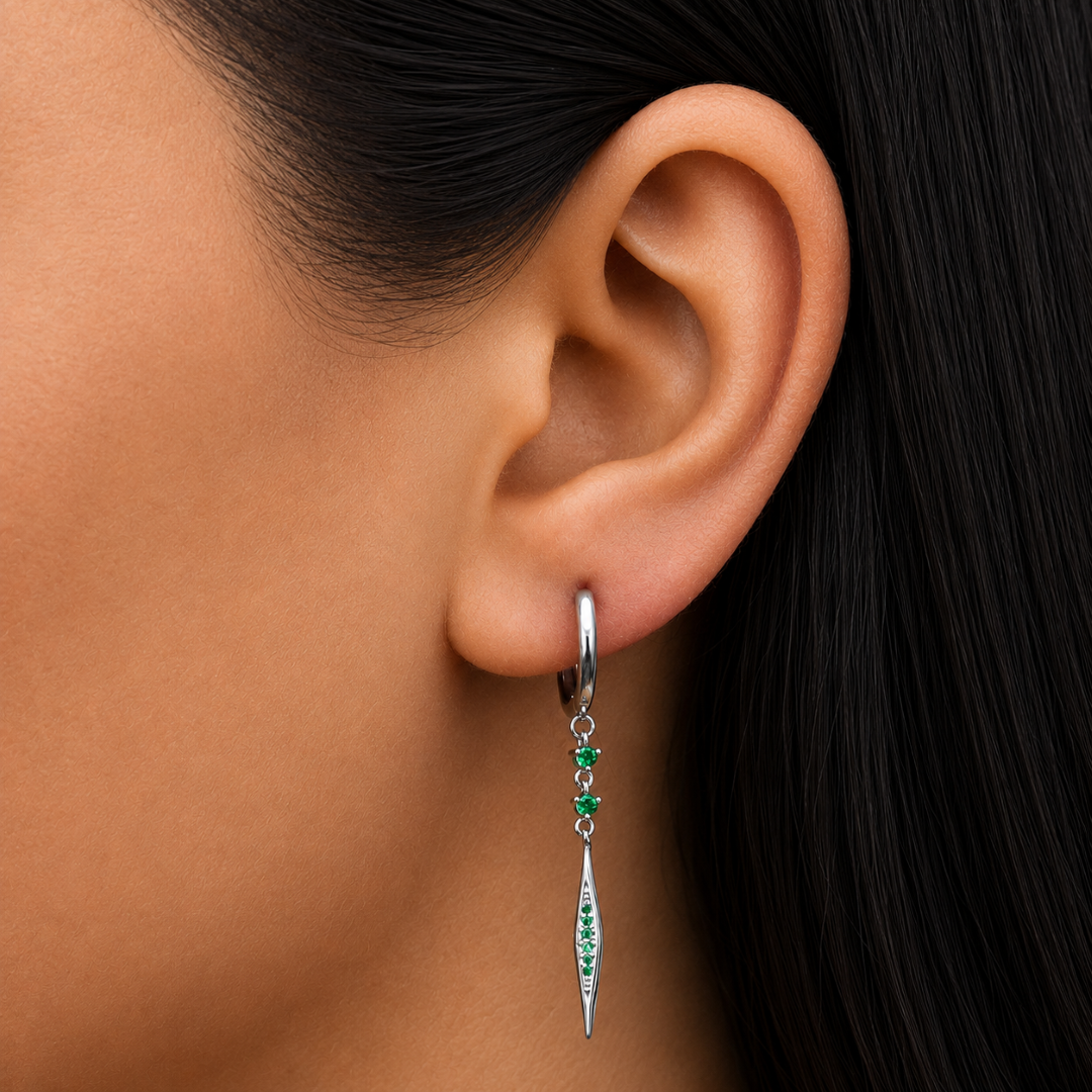 DROPPING GREEN STONED HOOP SILVER EARRING