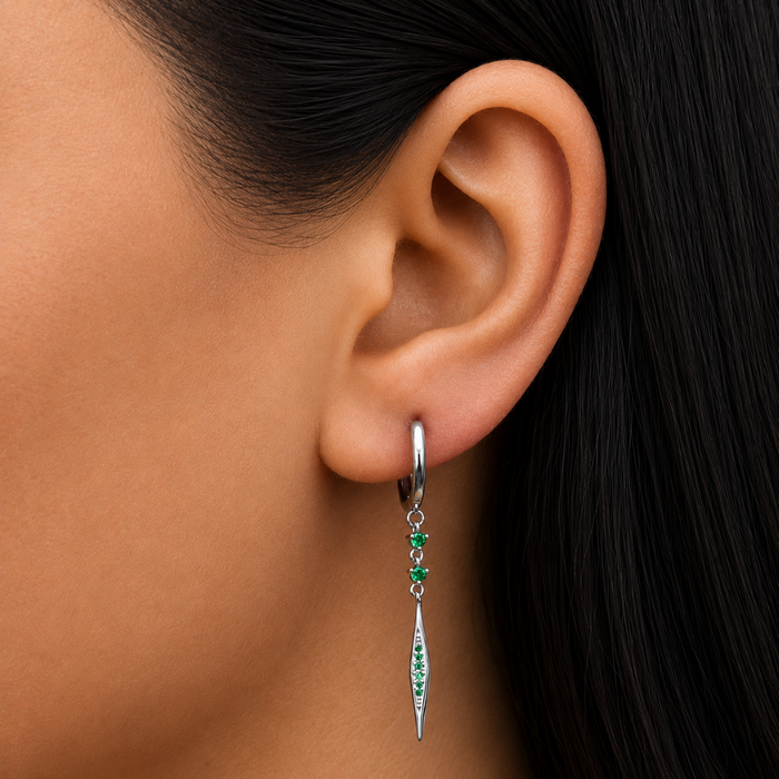 DROPPING GREEN STONED HOOP SILVER EARRING