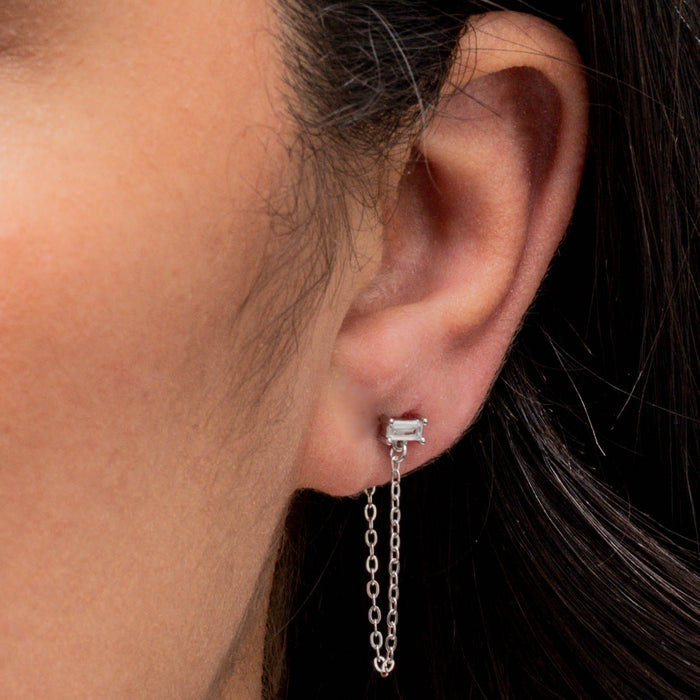 BAGUETTE SHAPED LOOP STUD SILVER EARRING