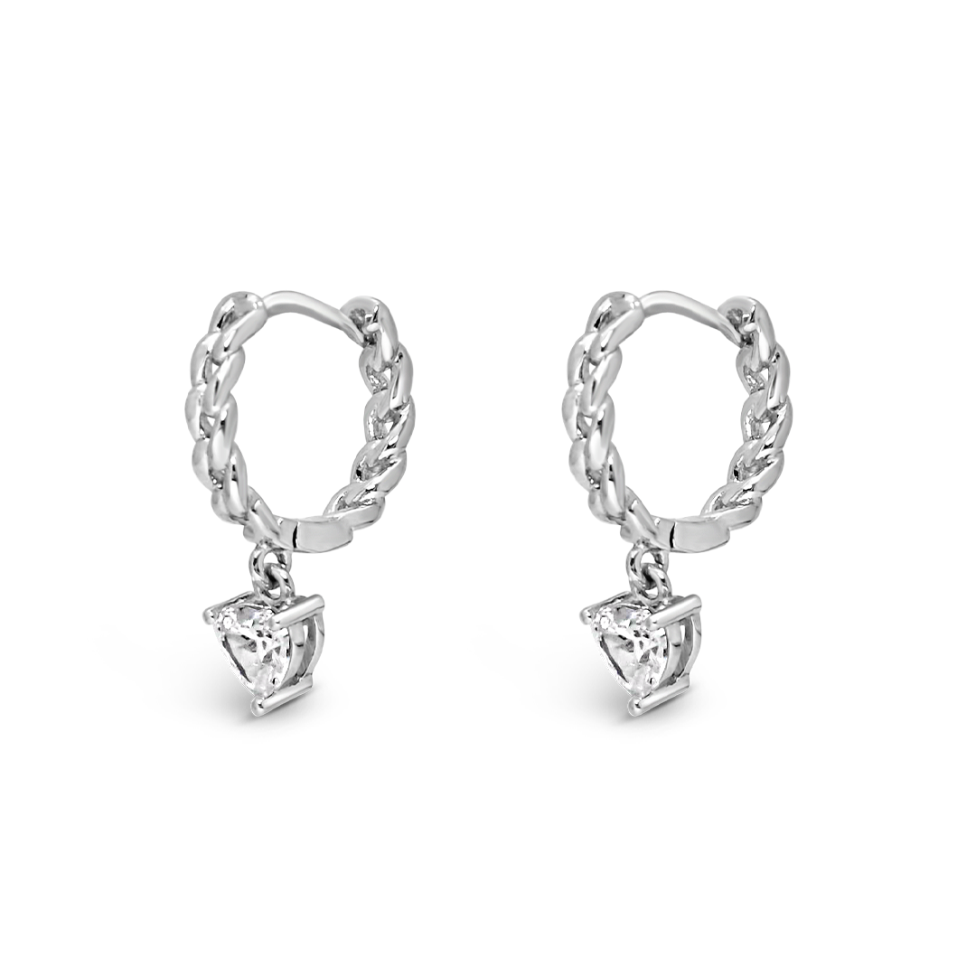 GOURMET DROPPING HEART STONED HOOP SILVER EARRING