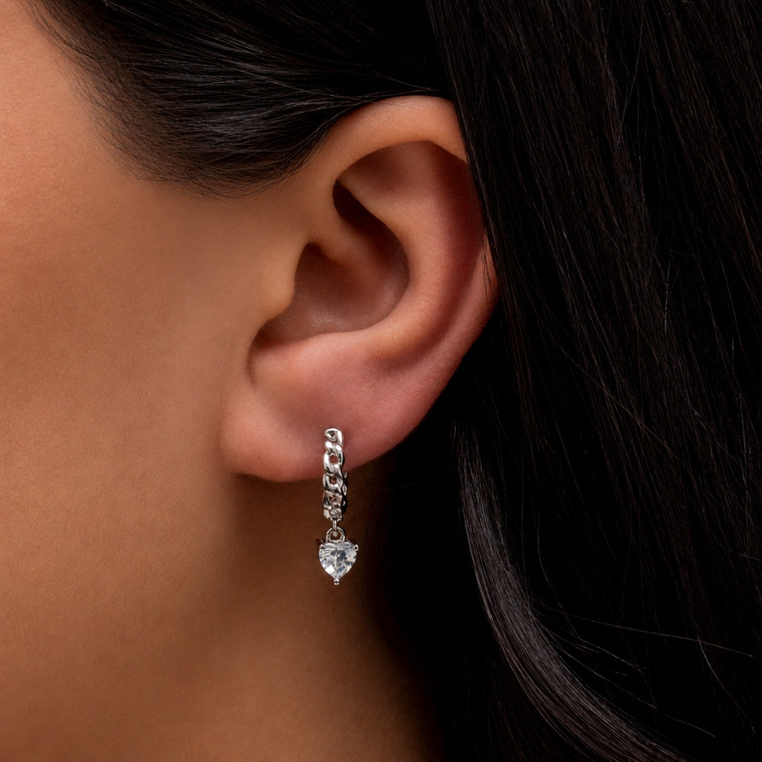 GOURMET DROPPING HEART STONED HOOP SILVER EARRING