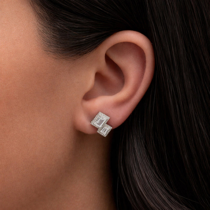ELEGANT RADIANT & ROUND STONED STUD SILVER EARRING