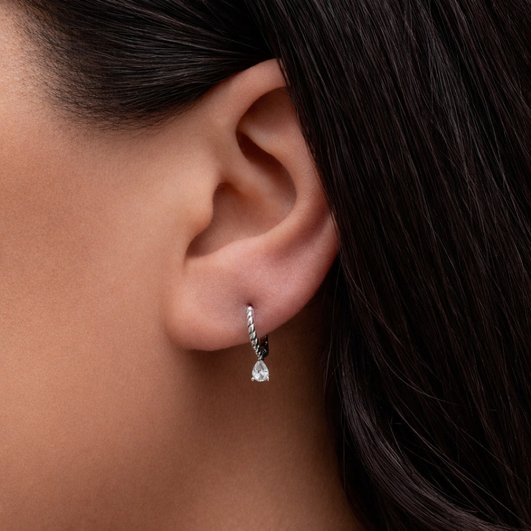 TWISTED PEAR STONED HOOP SILVER EARRING