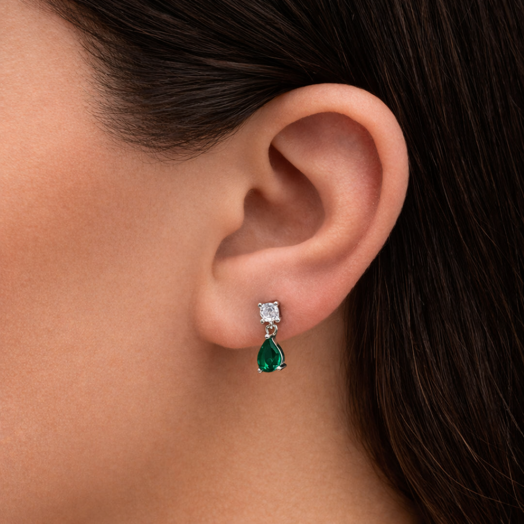 DROPPING PEAR STONE STUD SILVER EARRING