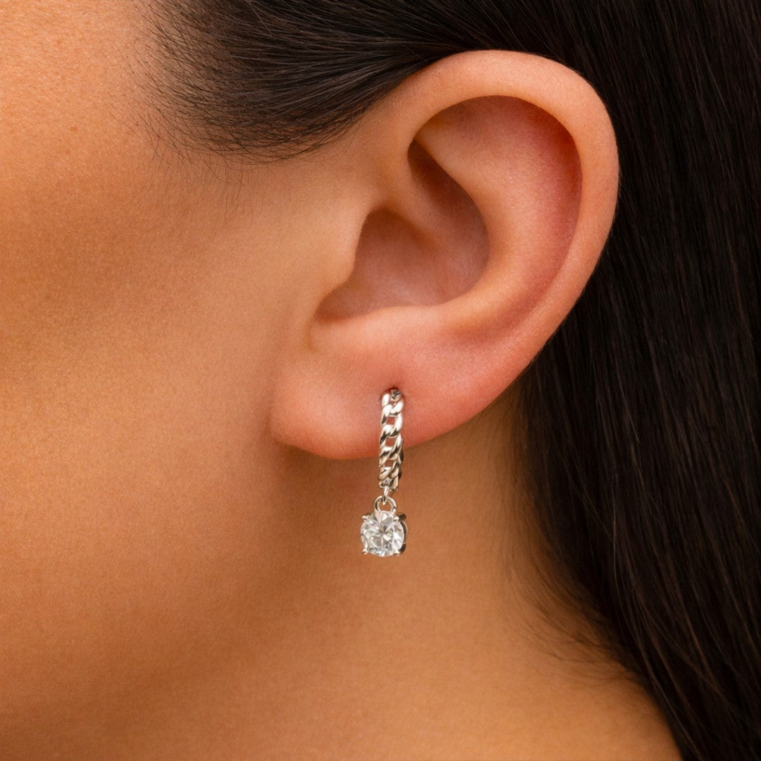 GOURMET DROPPING ROUND STONE HOOP SILVER EARRING