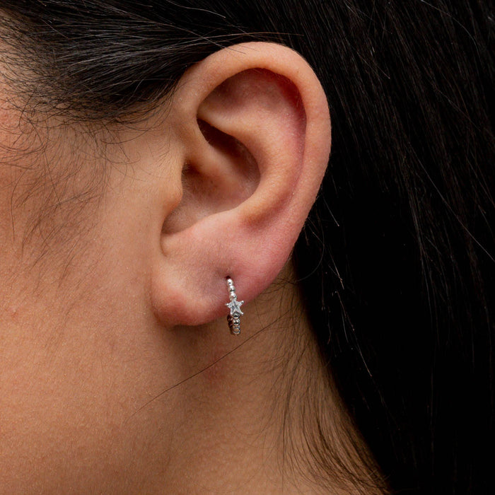 BEADED STAR STONED HOOP SILVER EARRINGS