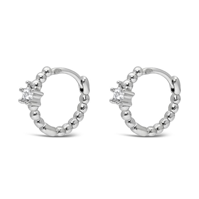 BEADED STAR STONED HOOP SILVER EARRINGS