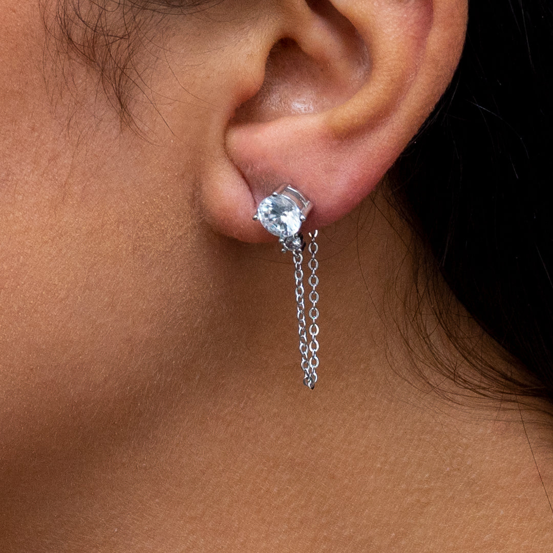 ROUND STONED LINKED LOOP STUD SILVER EARRING