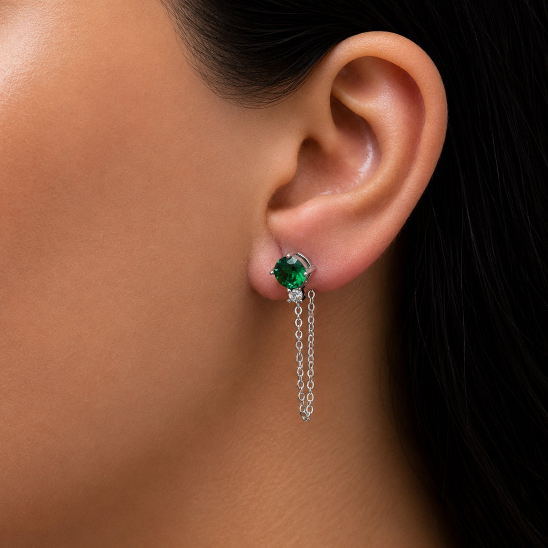 ROUND STONED LINKED LOOP STUD SILVER EARRING