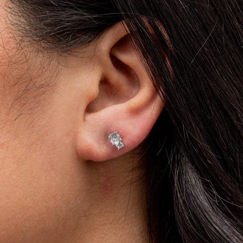 DOUBLE STONED STUD SILVER EARRING