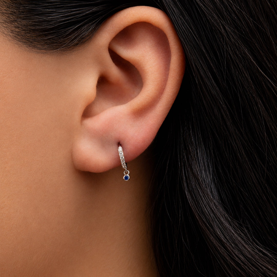 BLUE ROUND STONED HOOP SILVER EARRING