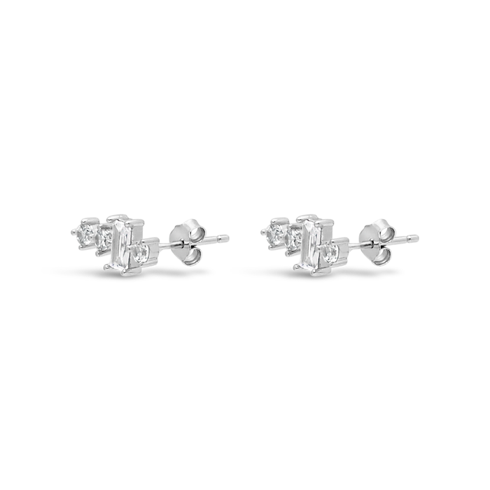 ROUND & BAGUETTE STONED STUD SILVER EARRING