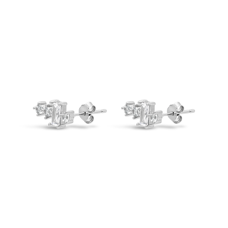 ROUND & BAGUETTE STONED STUD SILVER EARRING