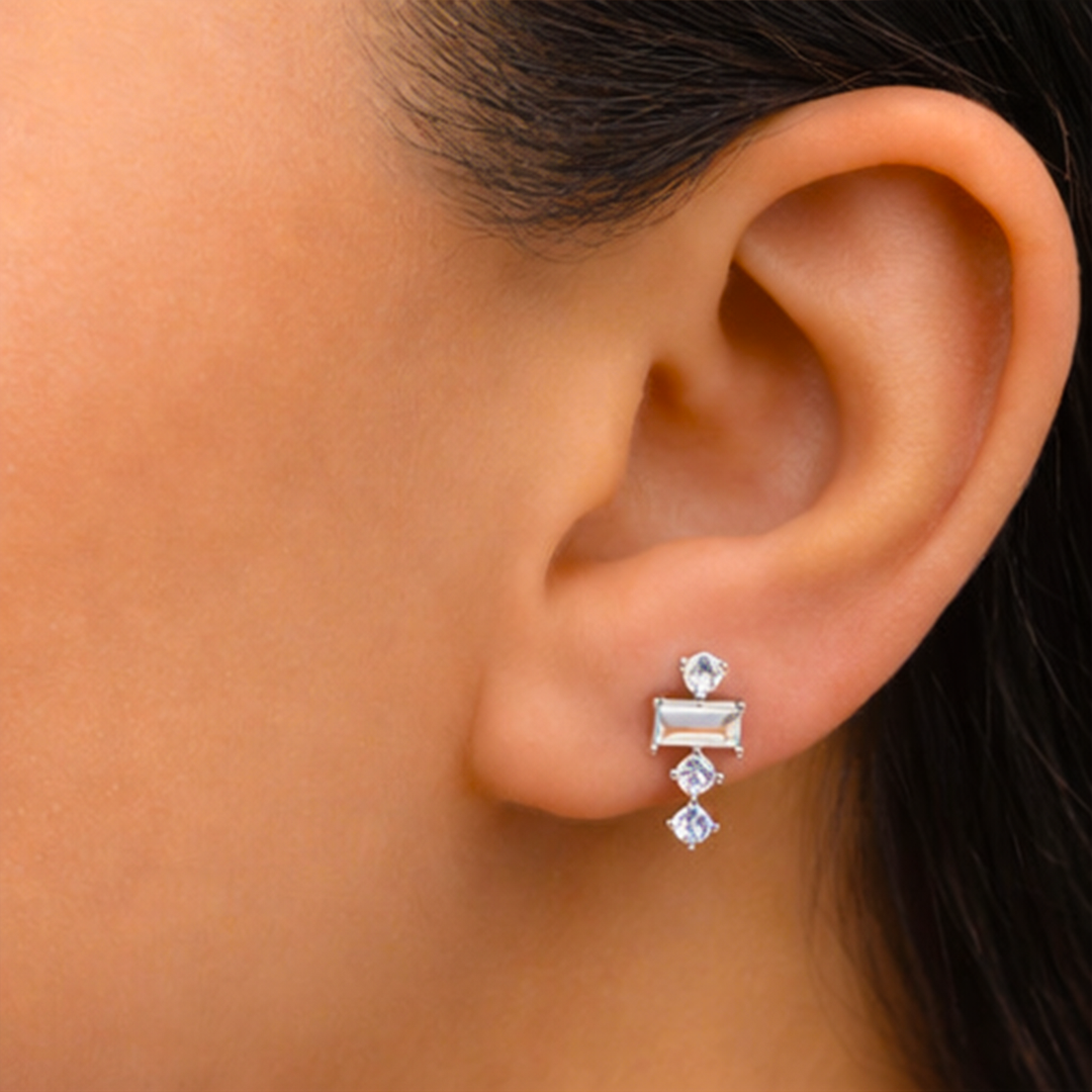 ROUND & BAGUETTE STONED STUD SILVER EARRING