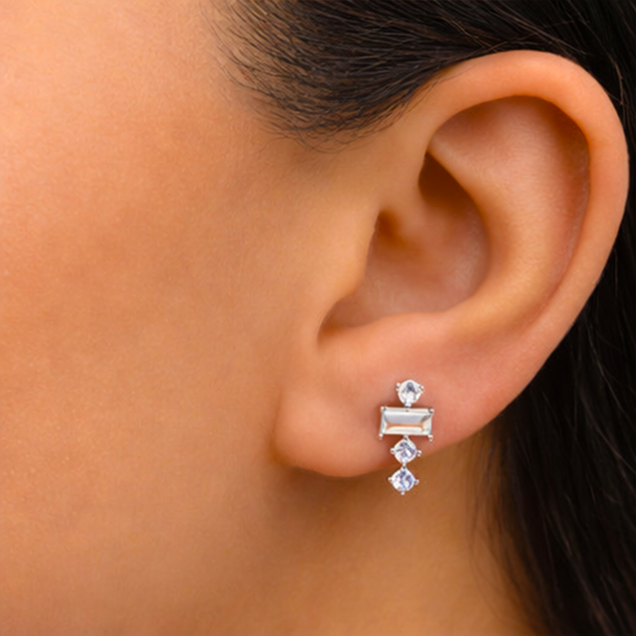 ROUND & BAGUETTE STONED STUD SILVER EARRING