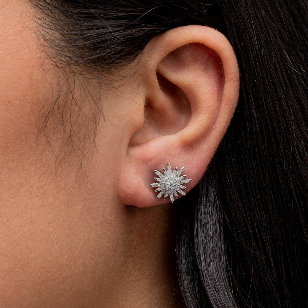 SUN DISC ROUND STONED STUD SILVER EARRING