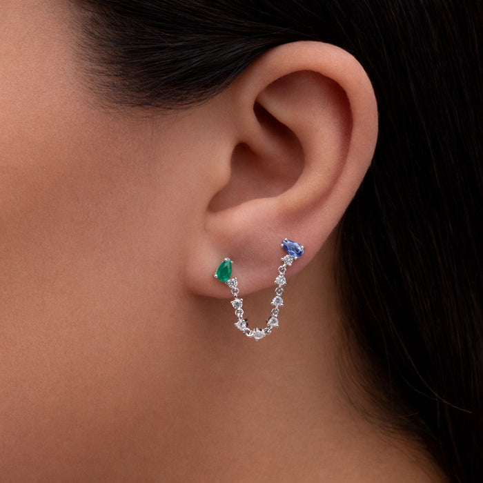 DOUBLE PEAR STONED STUD SILVER EARRING