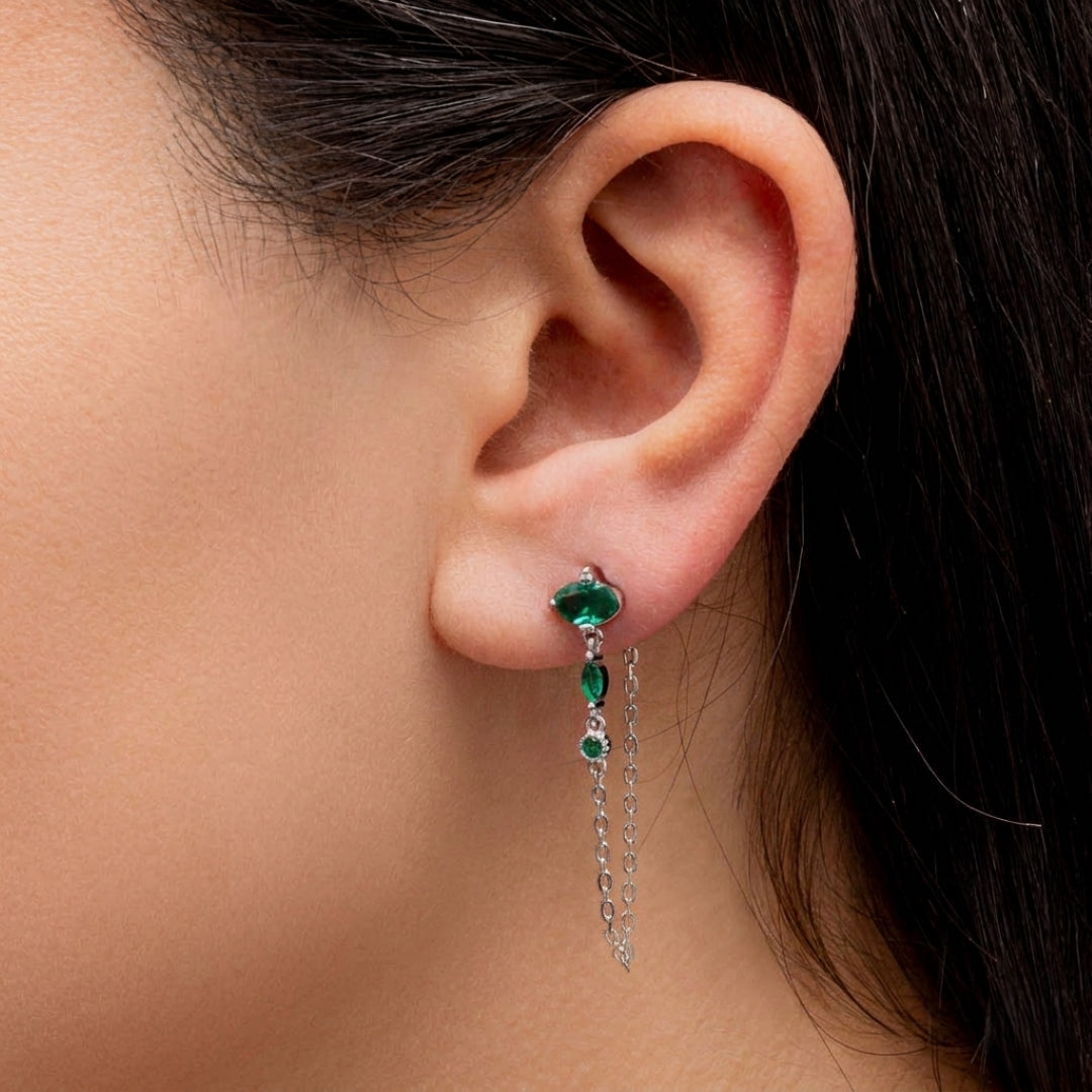 GREEN MULTISTONED LOOP STUD SILVER EARRING